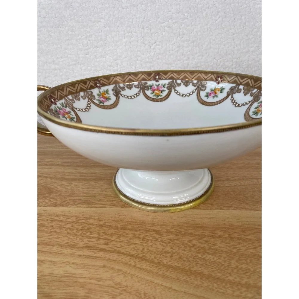 Antique Nippon Hand Painted Porcelain Pedestal Bowl Gold Moriage Floral 10.25